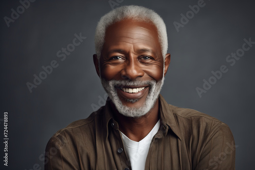 A joyful, wise man with a distinguished white beard and twinkling eyes, exuding warmth and character as he stands against a plain wall in his stylish clothing, his face adorned with wrinkles and a ne