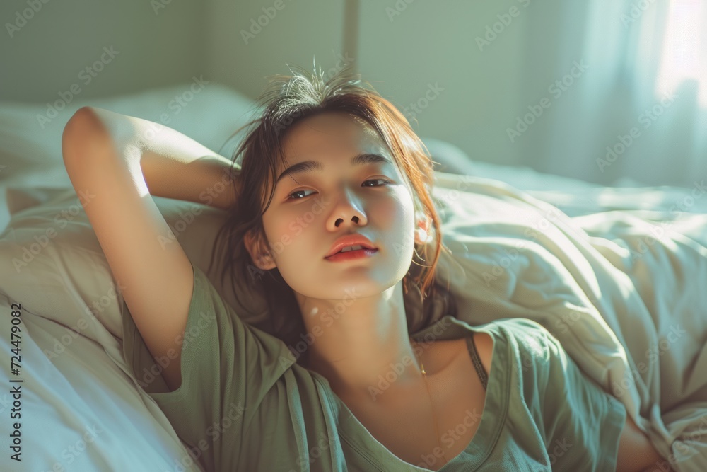 An attractive Asian woman wearing green casual clothes stretches after waking up in bed. Lazy girl activities on Sunday morning An attractive Asian woman wearing green casual clothes stretches after waking up in bed. Lazy girl activities on Sunday morning
