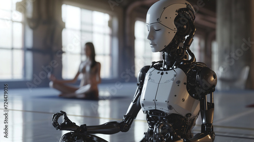 A robot finds inner peace in an indoor oasis, embodying the balance between strength and serenity in a stoic statue-like pose