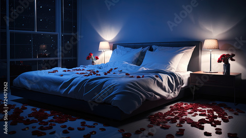 Interior of a bedroom with king size bed, side table, lamp and flowers petals. Valentine's day decorations. Created with Ai