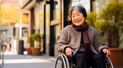  シニアと介護、車椅子に乗る笑顔の日本人女性 photo