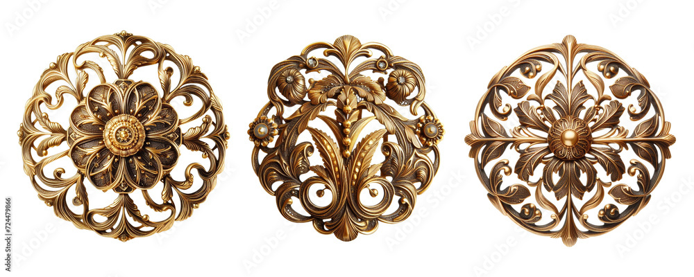 3 Old fashioned brooch made of gold with intricate design set against a transparent background 3 Old fashioned brooch made of gold with intricate design set against a transparent background
