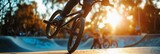 BMX Tricks, soft focus lens, BMX rider performing tricks in a skatepark or urban setting, background image, generative AI