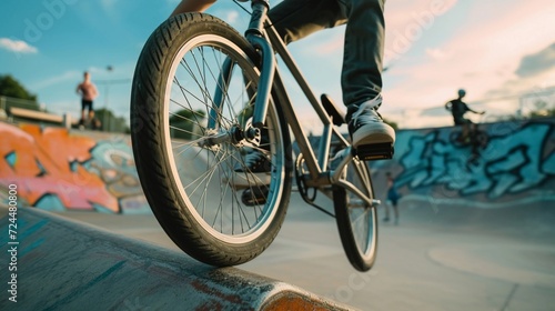 BMX Tricks, soft focus lens, BMX rider performing tricks in a skatepark or urban setting, background image, generative AI