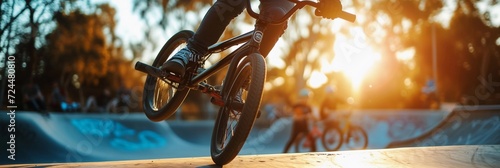 BMX Tricks, soft focus lens, BMX rider performing tricks in a skatepark or urban setting, background image, generative AI photo