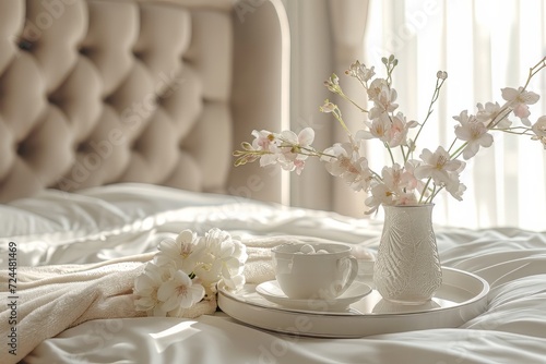 Luxurious bedroom interior with a tray with a cup, saucer, marshmallows and flowers on the bed