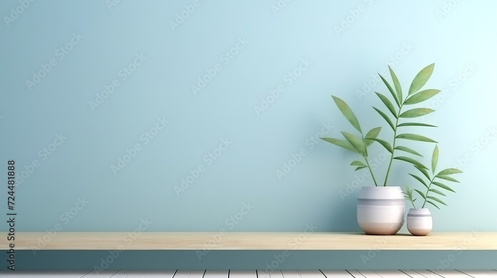 Interior of the room in pastel blue and white color with furnitures and room accessories, plant pot. Light background with copy space. 3D rendering for web page, presentation or picture frame, 