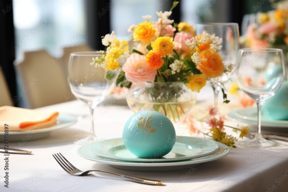 table setting with spring flowers for Easter celebration. ai generated table setting with spring flowers for Easter celebration. ai generated