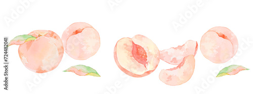 水彩で描いた美味しそうな桃のイラスト素材セット