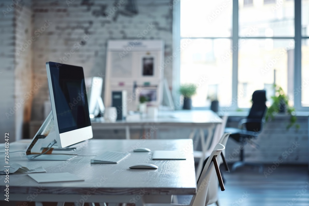 Modern Workplace Aesthetic: A Spacious and Stylish Office Interior with Natural Light and Contemporary Design Elements Modern Workplace Aesthetic: A Spacious and Stylish Office Interior with Natural Light and Contemporary Design Elements