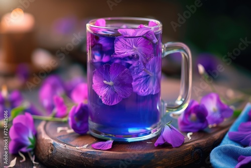 Clitoria ternatea, herbal tea, purple blue flower and drink (minuman bunga telang) photo