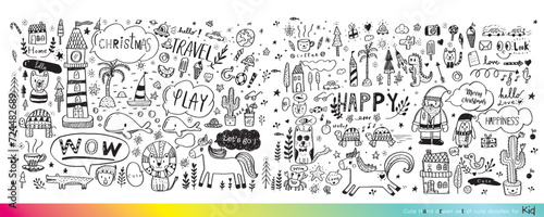Fototapeta Naklejka Na Ścianę i Meble -  Vector illustration of Doodle cute for kid, Hand drawn set of cute doodles for decoration,Funny Doodle Hand Drawn, Summer, Doodle set of objects from a child's life,Cute animal