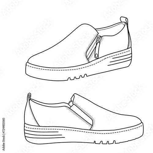 Template vector sneaker slip-on with zipper. Outline vector doodle illustration isolated with a white background. 