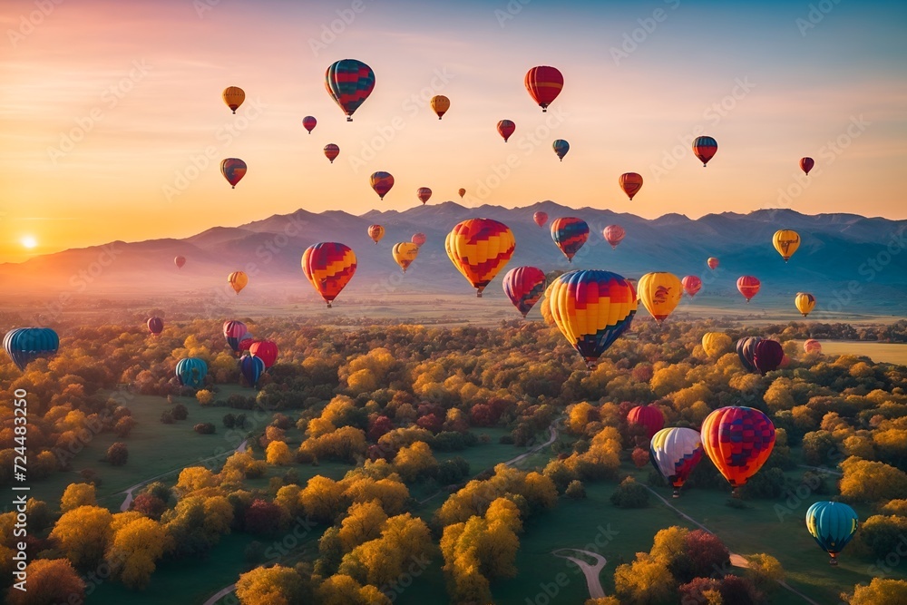 Naklejka premium Aerial View of Colorful Hot Air BalloonsAerial drone shots of colorful hot air balloons floating above, vibrant hues against the sky