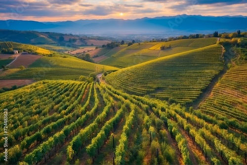 Aerial View of Colorful Vineyards  Drone photography capturing colorful vineyards from above, lush greenery © Amlumoss