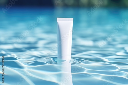 White blank cosmetic bottle tube mock up lies on the water surface photo