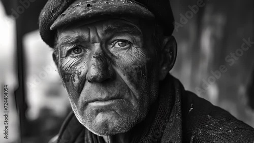 A black and white portrait of the dockworker, with the contrast emphasizing the grit and determination in his face as he works under tough conditions. photo