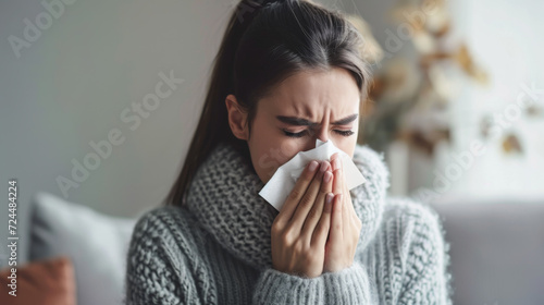 young woman is sneezing or blowing her nose into a tissue