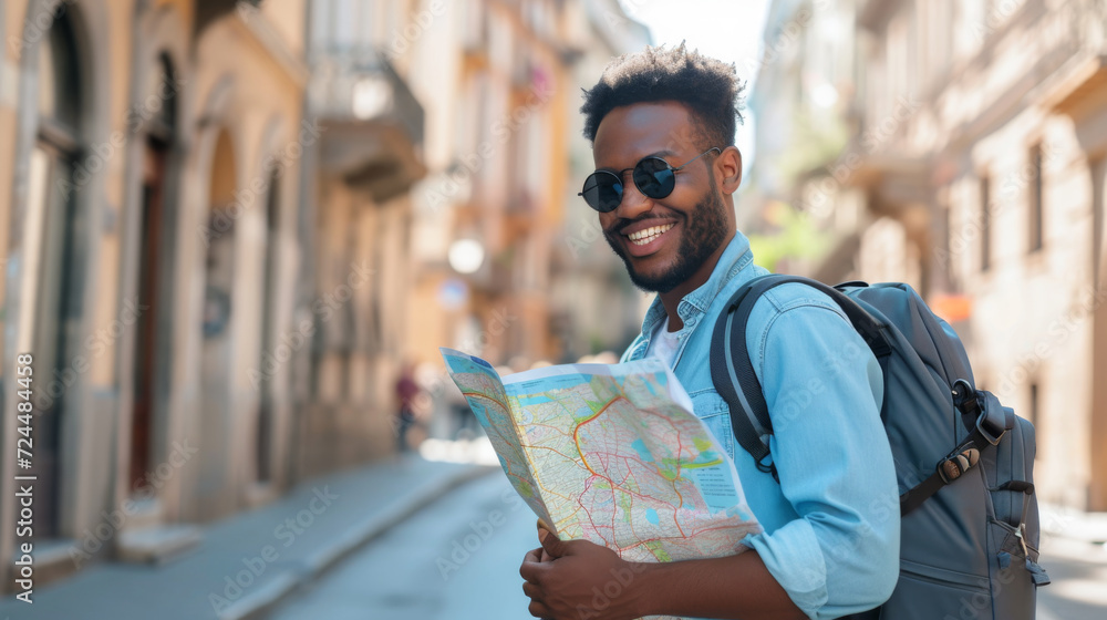 cheerful young man with blonde hair and sunglasses holding a map cheerful young man with blonde hair and sunglasses holding a map