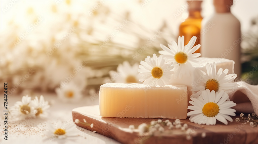 Handcrafted soap bars with chamomile flowers on a wooden table bathed in warm sunlight copy space banner text 