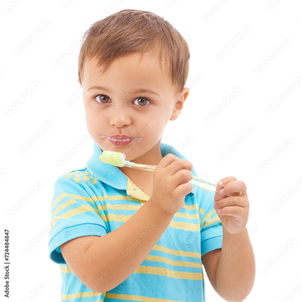Portrait, boy and kid brushing teeth in studio for hygiene, learning healthy oral habits and care on white background. Young child, toothbrush and toothpaste for dental cleaning, fresh breath or gums Portrait, boy and kid brushing teeth in studio for hygiene, learning healthy oral habits and care on white background. Young child, toothbrush and toothpaste for dental cleaning, fresh breath or gums