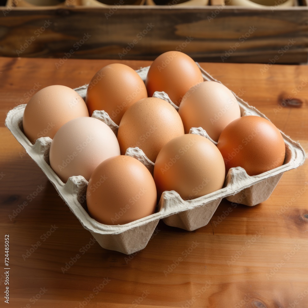 Open egg box isolated on wooden table background. ai generated Open egg box isolated on wooden table background. ai generated