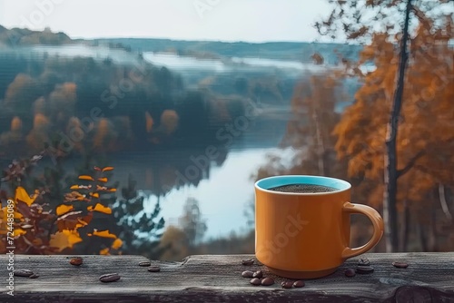 Relaxing outdoor coffee break with scenic lake view. Vintage style morning espresso in rustic wooden setting warm sunlight and nature. Aromatic beverage. Fresh cappuccino on table tranquil riverside