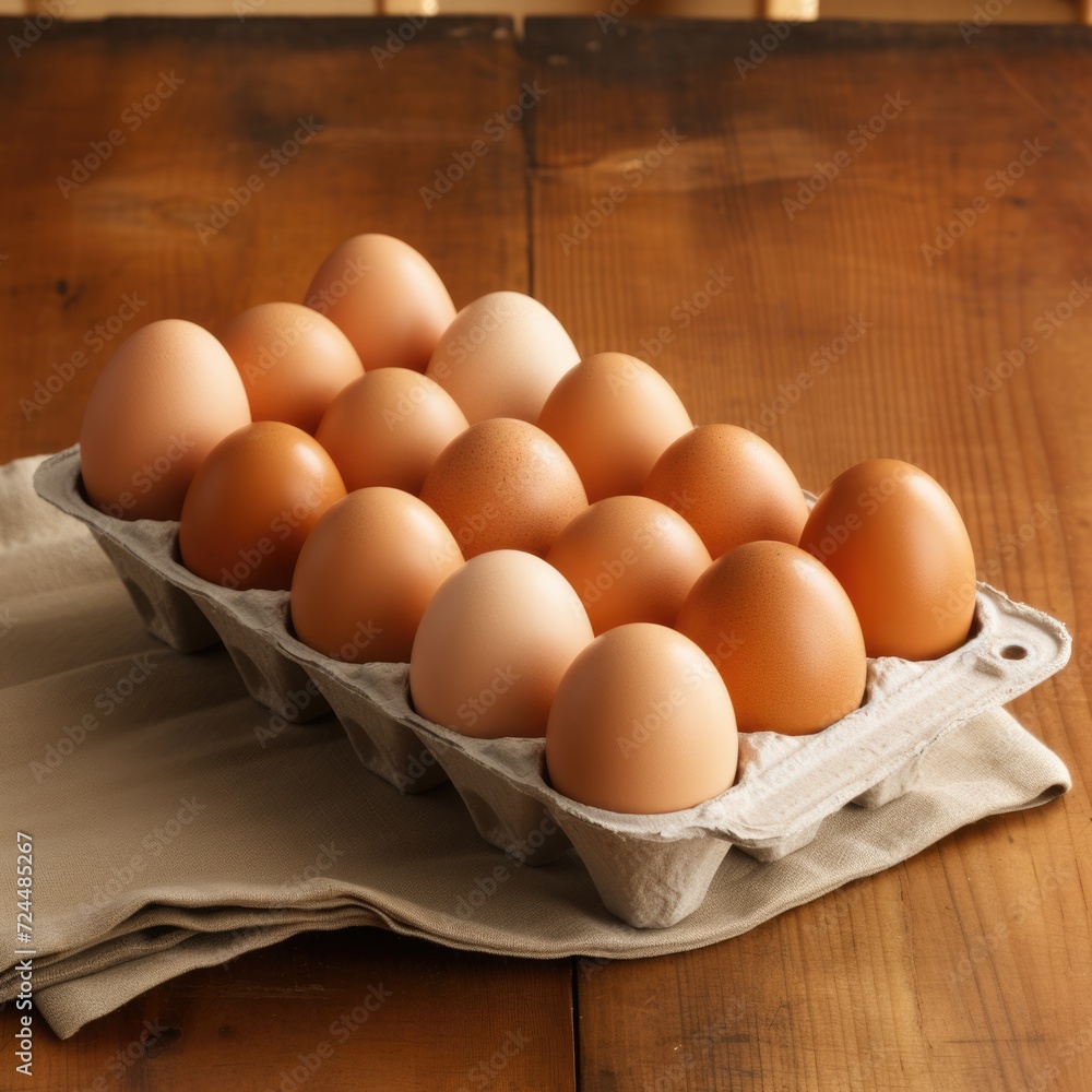 Open egg box isolated on wooden table background. ai generated