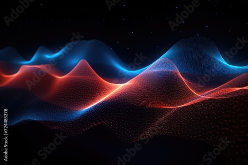 Dynamic abstract Blue and red waves  bright particles over black background. Sound and music visualization