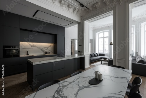 Contrasting Elegance  A Black Kitchen and White Marble Dining Table