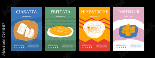 Italian food set vector illustration. Engraved ciabatta, frittata, minestrone, tortellini, bundle of traditional dishes, homemade and restaurant dinner dishes and sauces cooking in cuisine of Italy