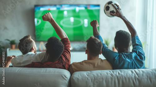 three people are seen from the back, seated on a couch, raising their arms in excitement while watching a sports game on television