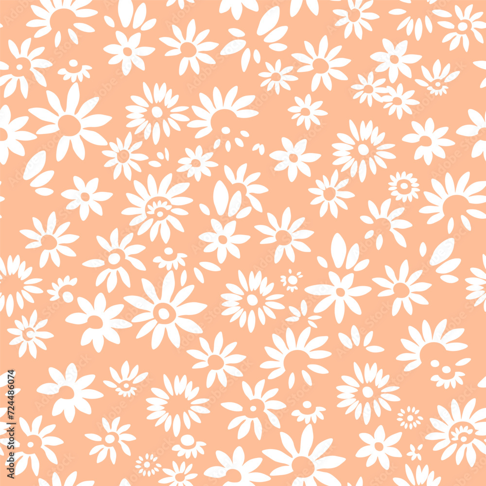 Seamless pattern of retro-style white flowers in vector, retro-style design for clothes, fabrics, cobwebs, wallpaper, packaging and all prints on an orange background. Seamless pattern of retro-style white flowers in vector, retro-style design for clothes, fabrics, cobwebs, wallpaper, packaging and all prints on an orange background.