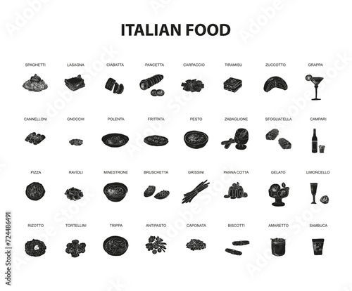 Italian food set vector illustration. Isolated pizza and pasta, fried fastfood snacks with cheese and desserts, homemade and restaurant dinner dishes and sauces cooking in cuisine of Italy