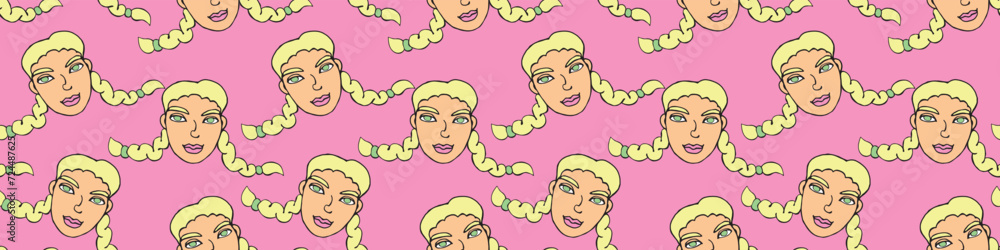 Vector seamless pattern with cartoon face of a girl or woman with two pigtails. Hand-drawn children's heads in the style of doodles. Baby, girly funny cute texture background Vector seamless pattern with cartoon face of a girl or woman with two pigtails. Hand-drawn children's heads in the style of doodles. Baby, girly funny cute texture background