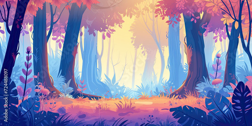 anime cartoon style woodland forest background banner, beautiful woods, generated ai  © dan