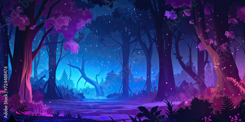 Anime cartoon video game style forest background backdrop, night time woods, trees, generated ai © dan