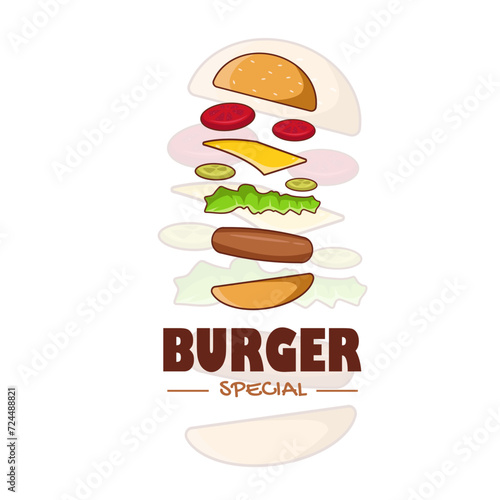 Burger with flying ingredients on white background.