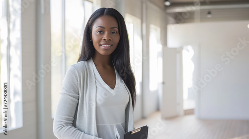 Young woman with a pleasant smile, holding a clipboard in her hands. Free Download Young woman with a pleasant smile, holding a clipboard in her hands. - GFXLoad