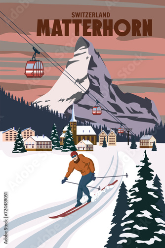 Matterhorn Ski resort poster, retro. Alpes Winter travel card