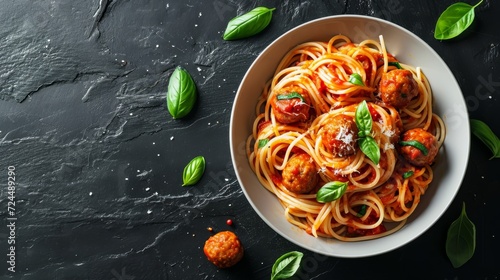 Food Photography Concept : Spaghetti with tomato sauce and meatballs in a bowl on black stone background
