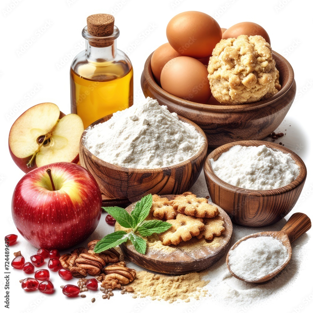 Fototapeta premium Ingredients Apple Pie Dough Flour Sugar On White Background, Illustrations Images