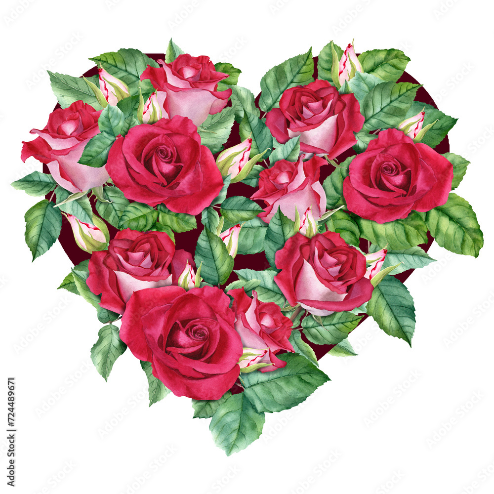 Heart shape filled with red rose flowers and leaves. Hand drawn botanical watercolor illustration isolated on white background. For Valentines Day wedding Mother's day greeting card invitation Heart shape filled with red rose flowers and leaves. Hand drawn botanical watercolor illustration isolated on white background. For Valentines Day wedding Mother's day greeting card invitation