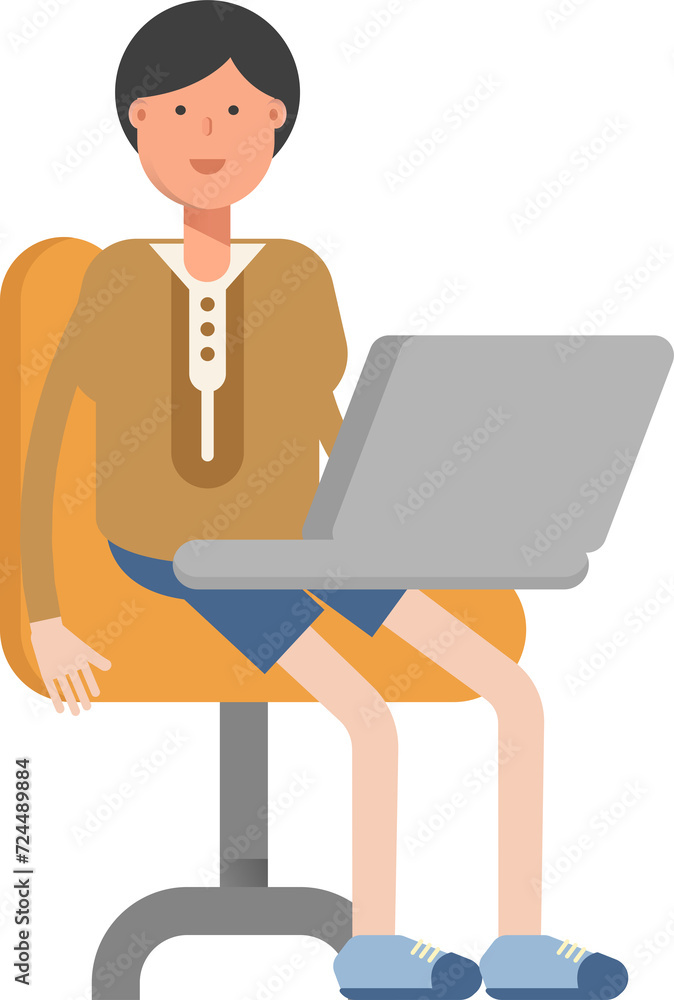 Boy Student Character Working on Laptop
