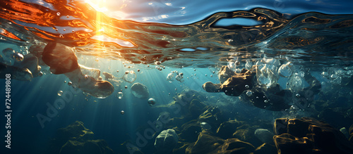 Dark blue ocean surface seen from underwater. Illustration of sun light rays under water. Sunlight Dance: Underwater Views of the Deep Blue