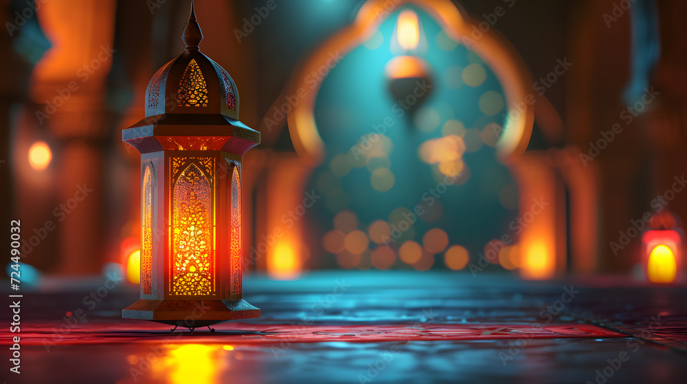 glowing ramadan lamp or arabic lamp with arch at night, ramadan banner template