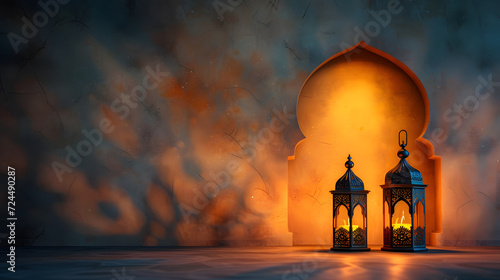 glowing ramadan lamp or arabic lamp with arch at night, ramadan banner template