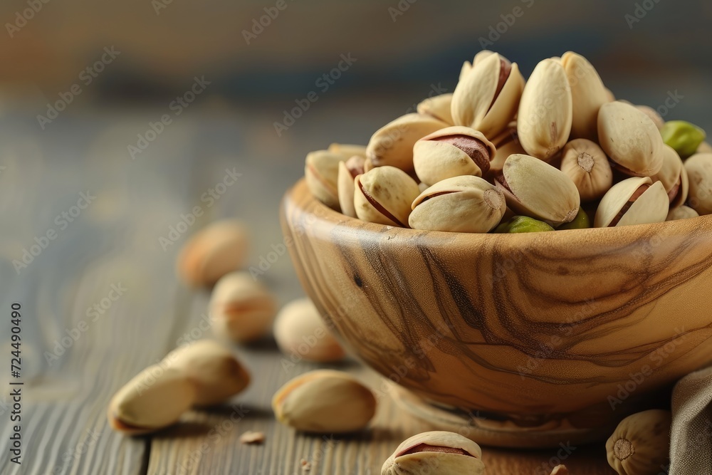 Crunchy Pleasures: Pistachios Nestled in a Wooden Bowl Crunchy Pleasures: Pistachios Nestled in a Wooden Bowl