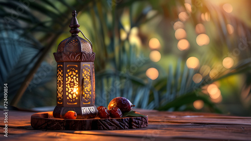 ramadan lamp and dried dates fruit on wooden table, fasting iftar, ramadan invitation card