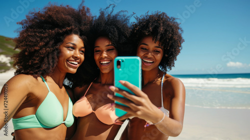 three joyful African American women are taking a selfie together under a bright blue sky